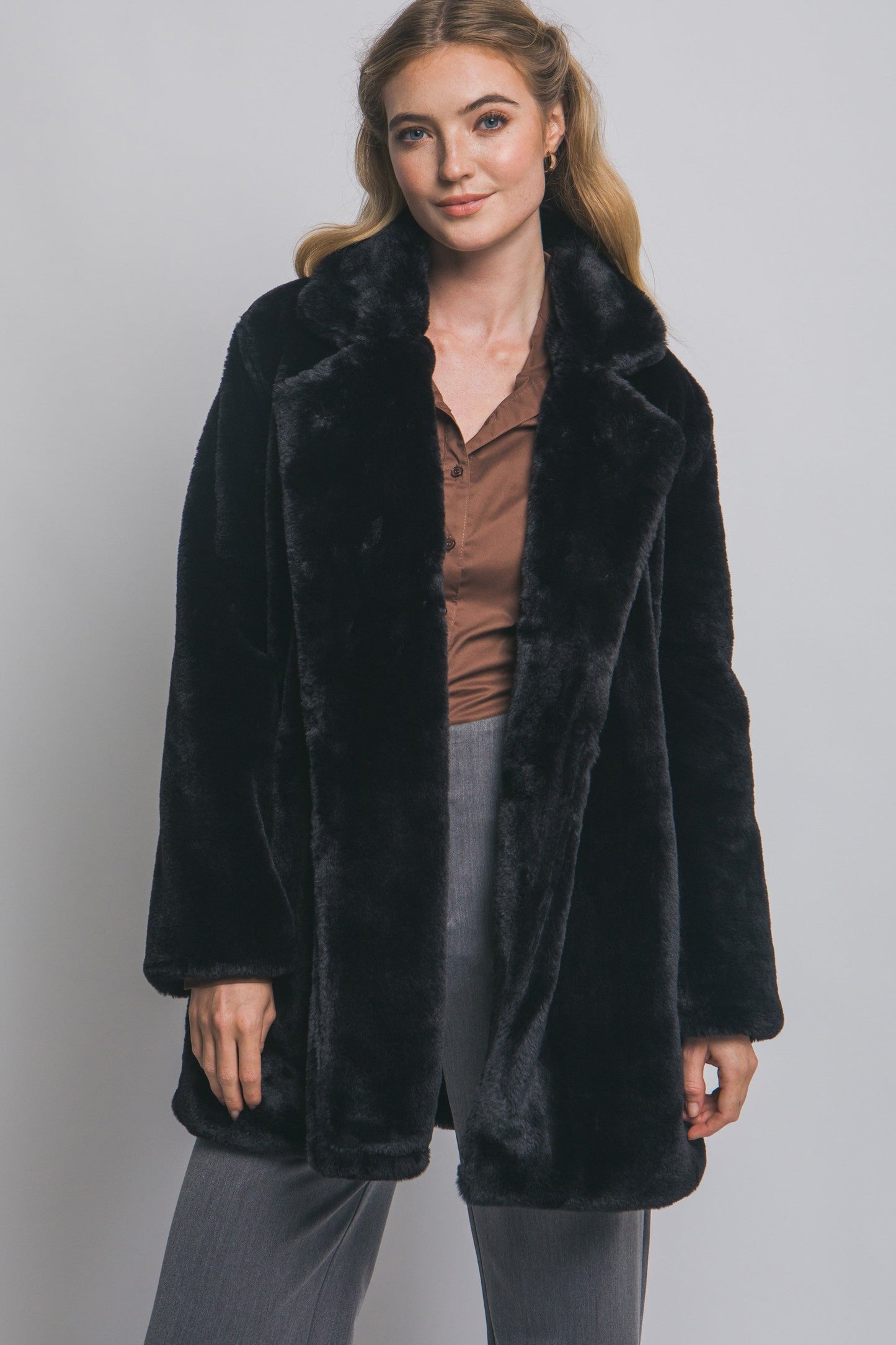  Ayla Faux Fur Collared Long Coat, Black