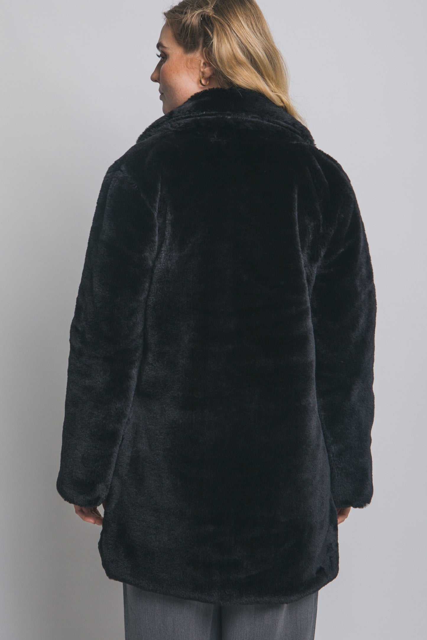  Ayla Faux Fur Collared Long Coat, Black