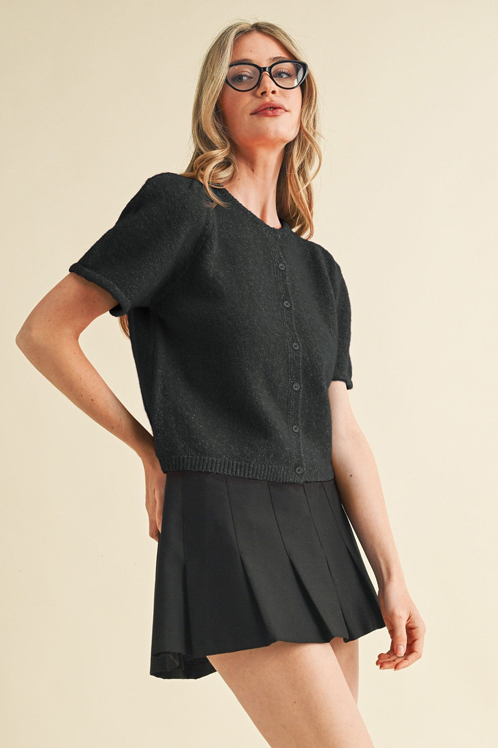  Natalia Puff Short Sleeve Cardigan, Black