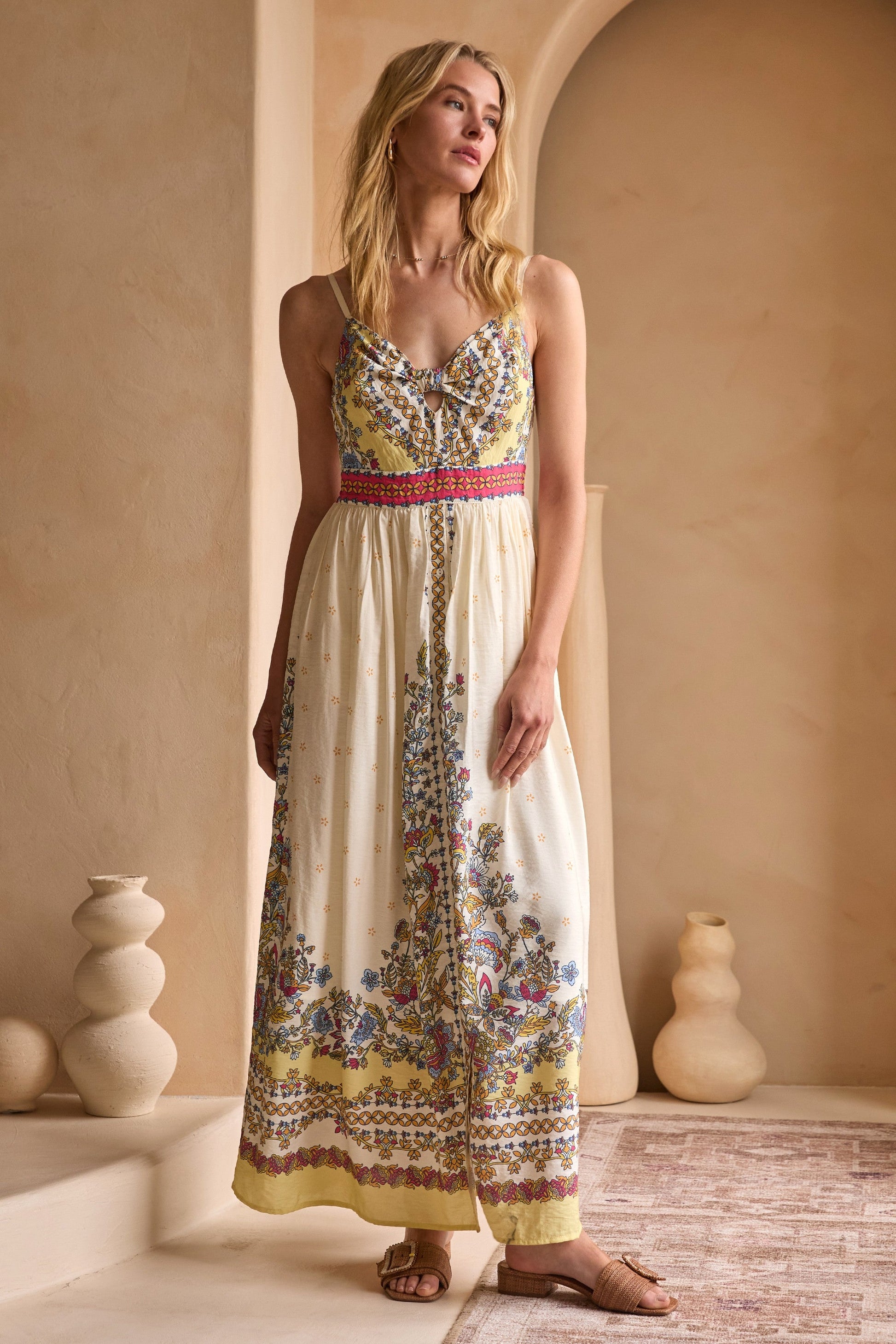  Lisa Border Print Cami Maxi Dress, Yellow Multi