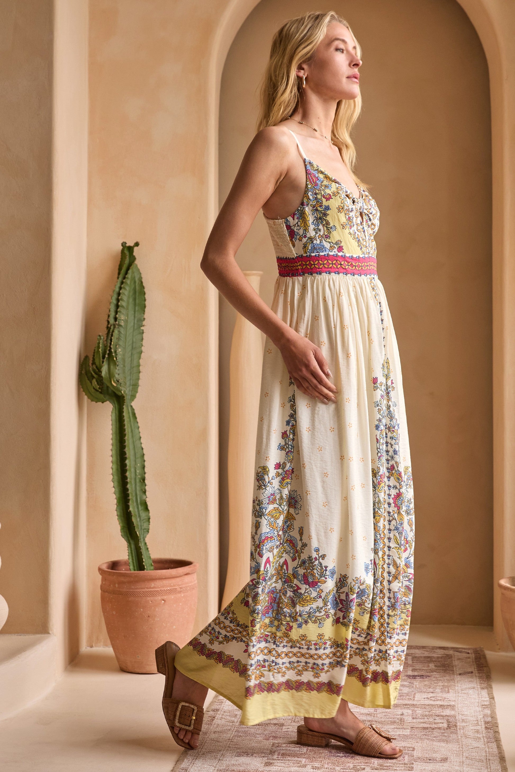  Lisa Border Print Cami Maxi Dress, Yellow Multi