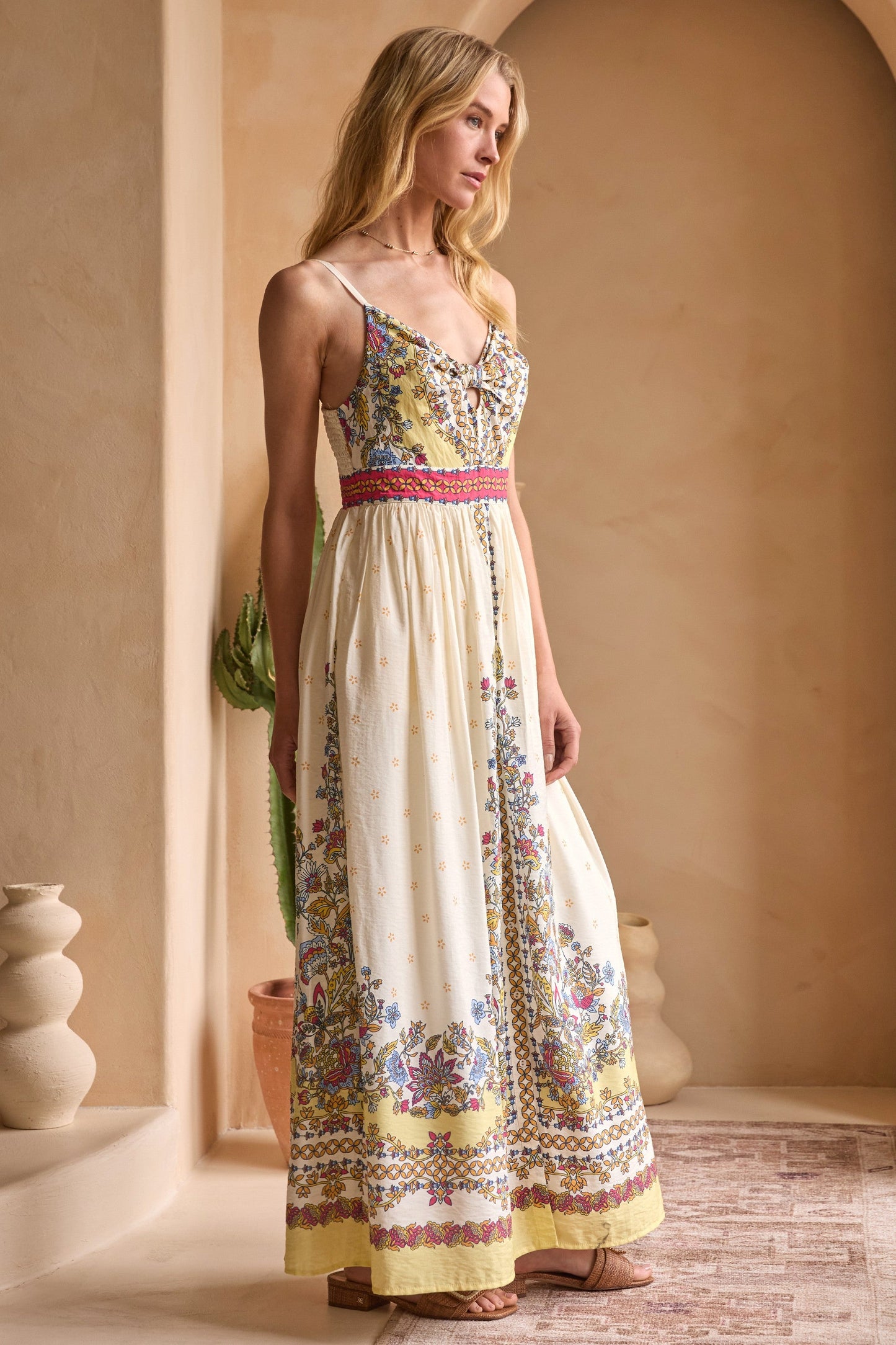  Lisa Border Print Cami Maxi Dress, Yellow Multi