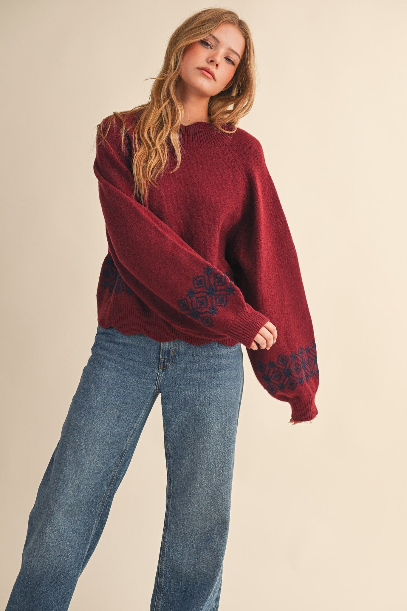  Ariana Scalloped Embroidered Sweater, Burgundy Navy