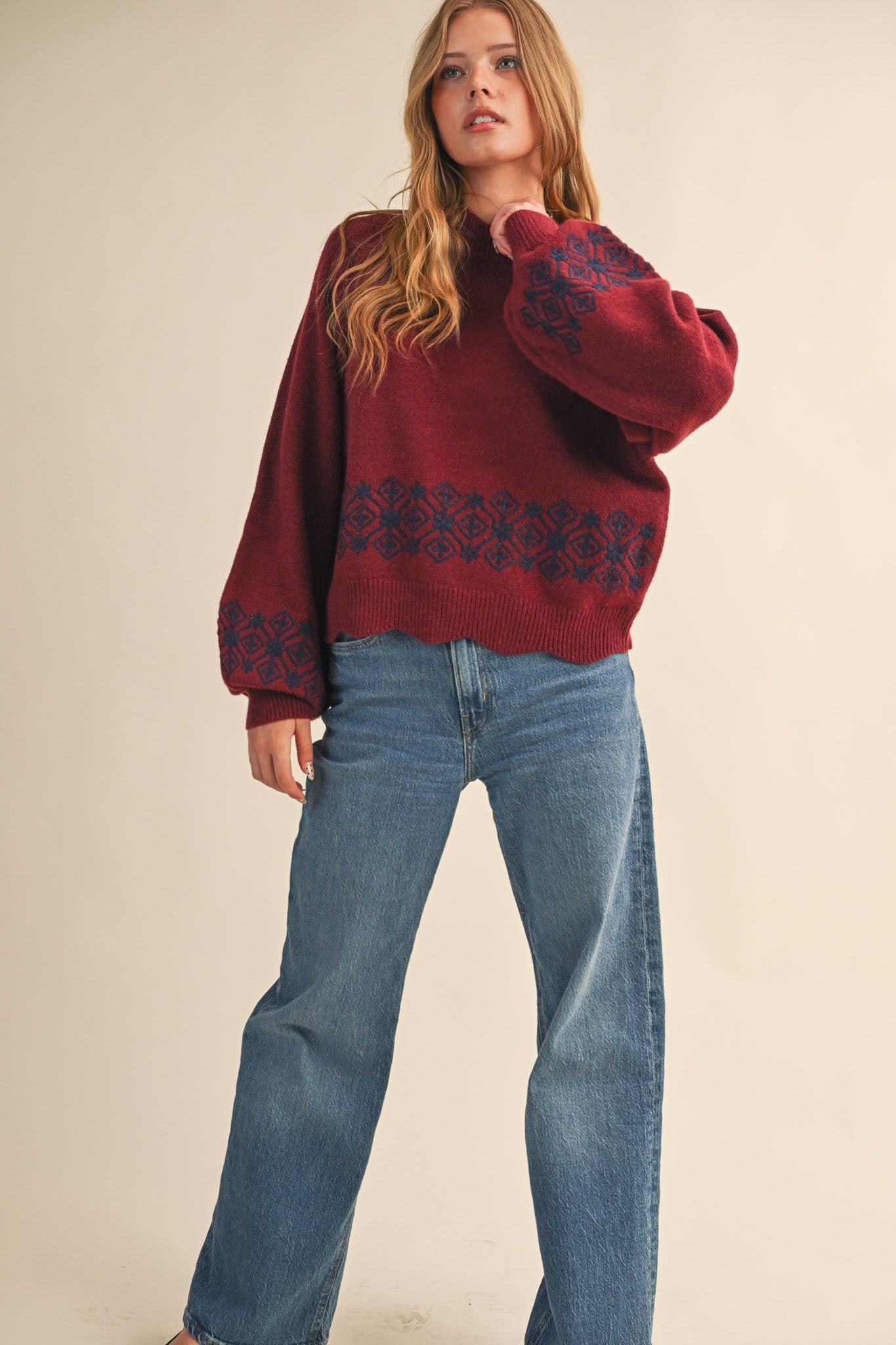  Ariana Scalloped Embroidered Sweater, Burgundy Navy