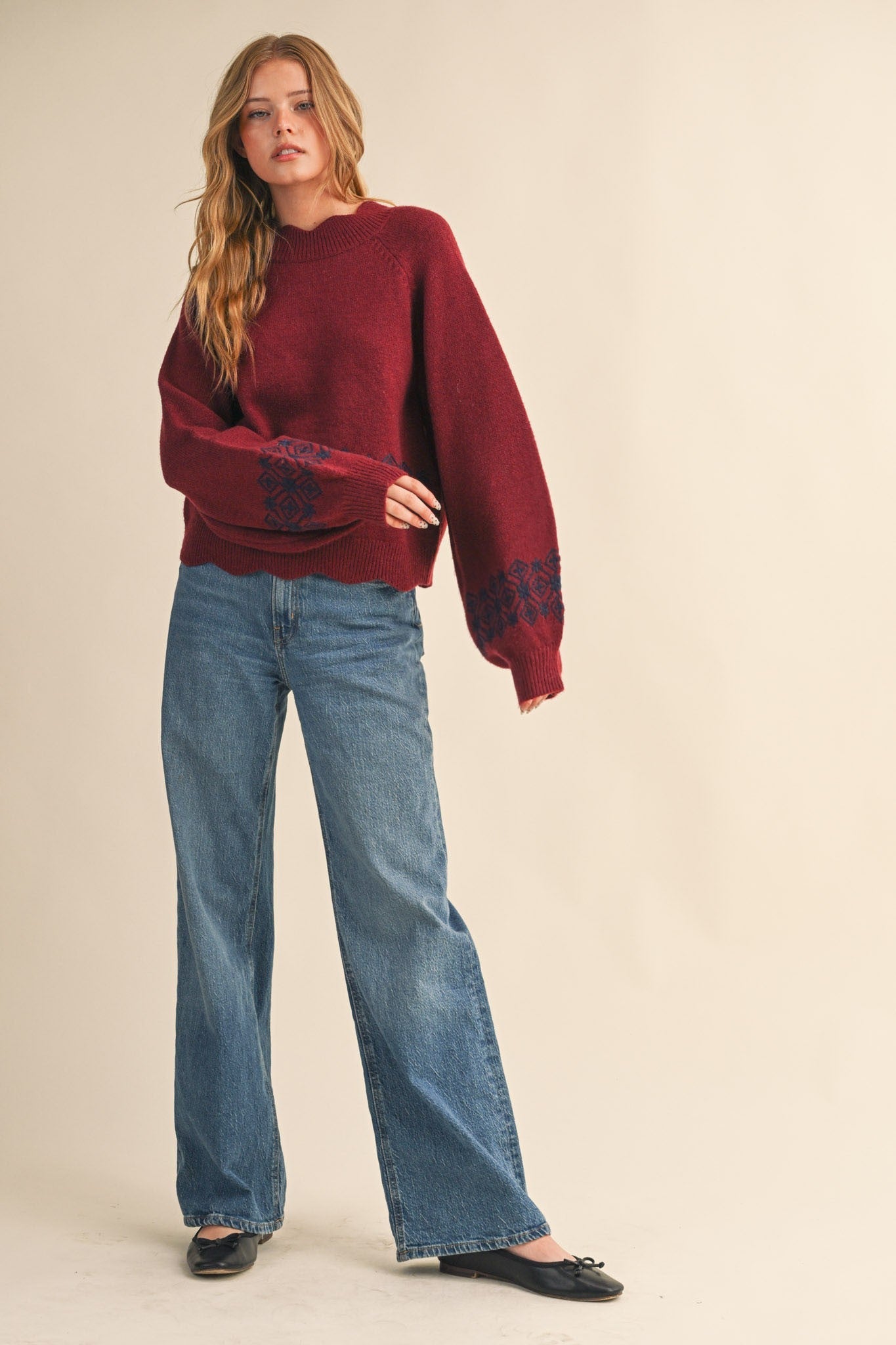  Ariana Scalloped Embroidered Sweater, Burgundy Navy