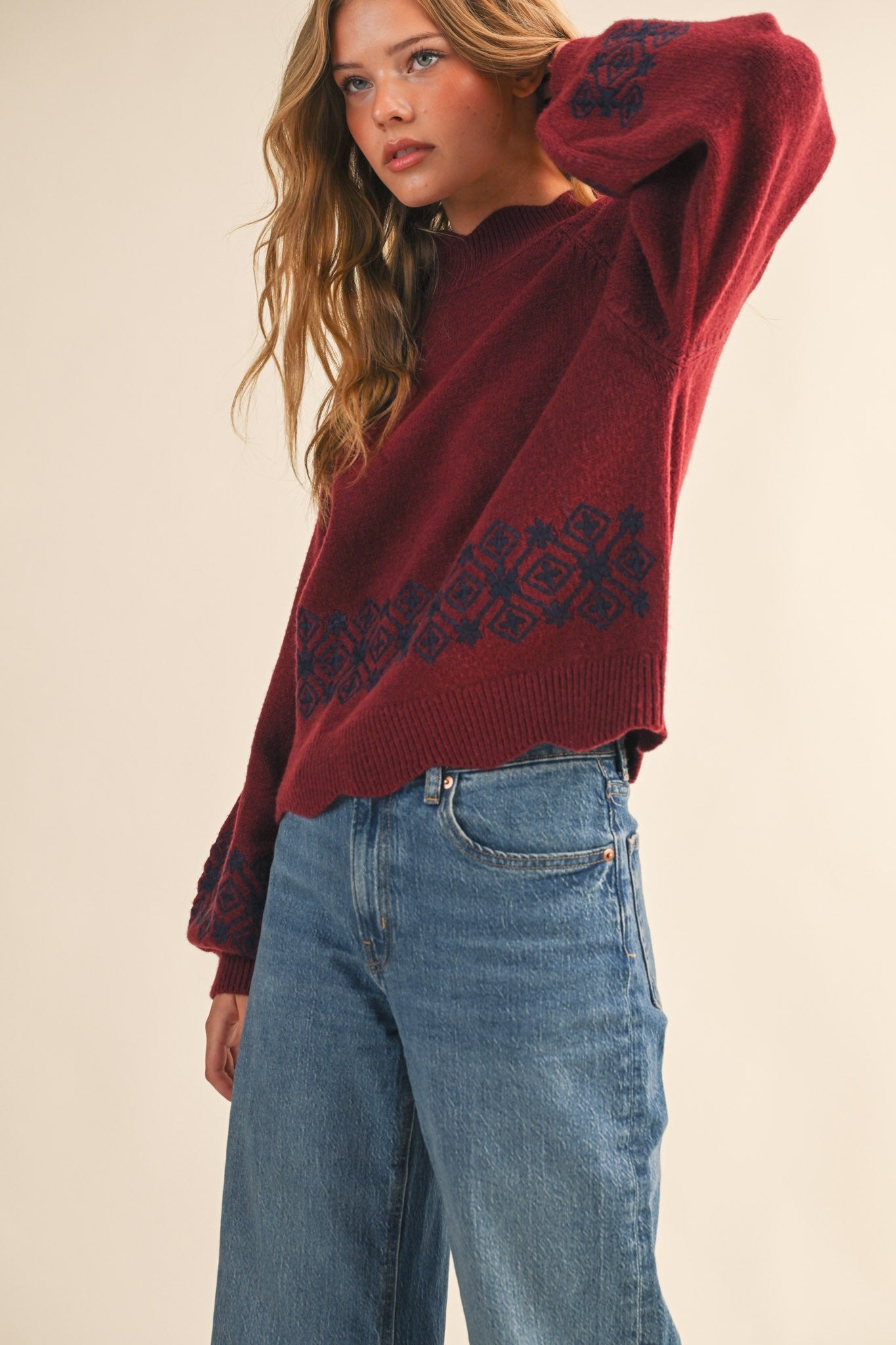  Ariana Scalloped Embroidered Sweater, Burgundy Navy