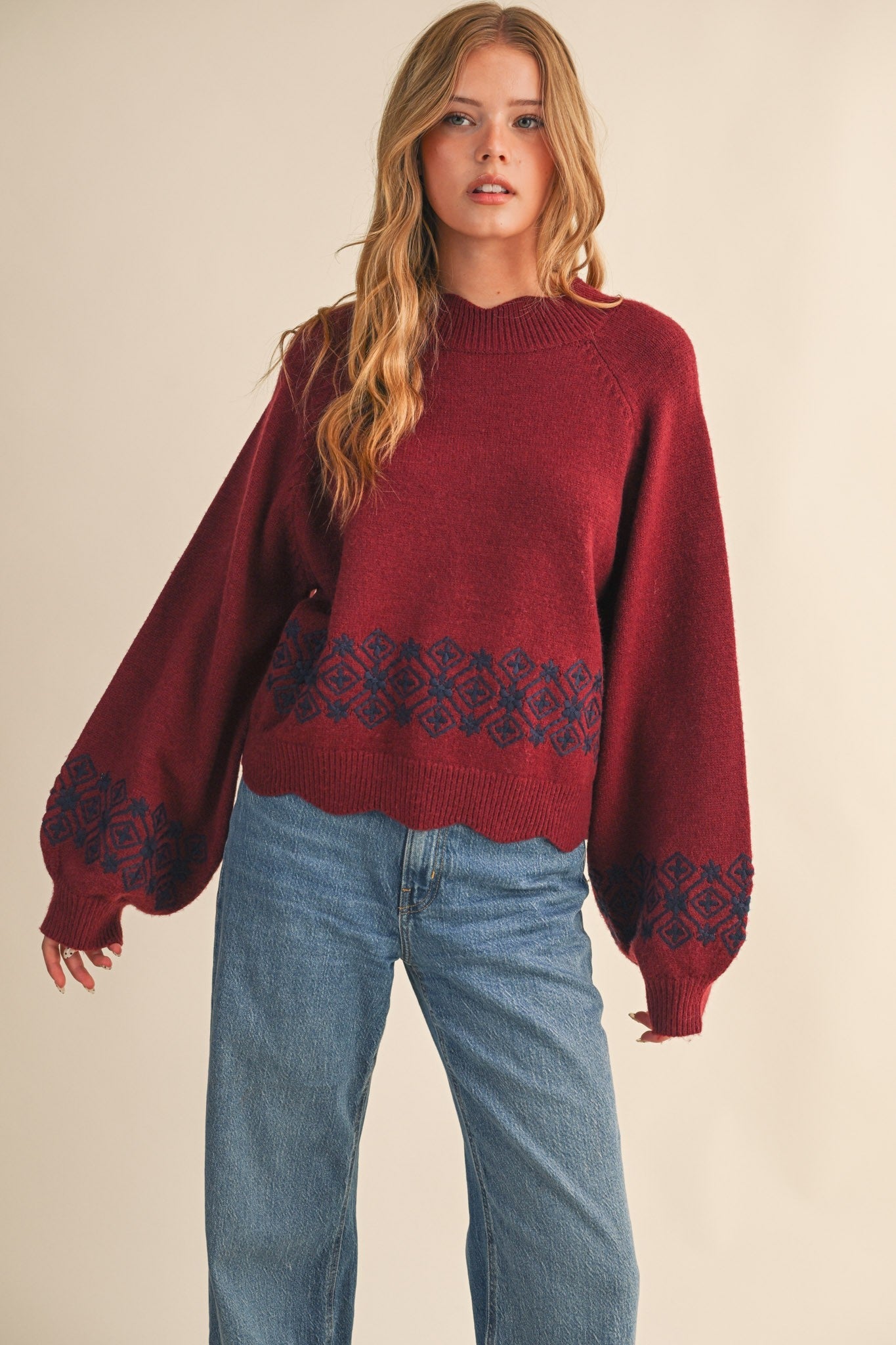  Ariana Scalloped Embroidered Sweater, Burgundy Navy