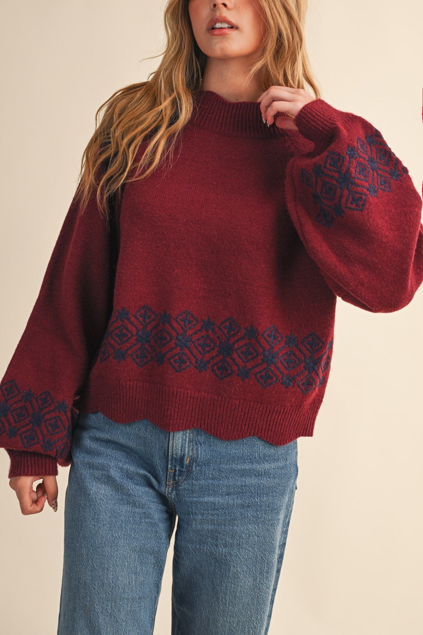  Ariana Scalloped Embroidered Sweater, Burgundy Navy
