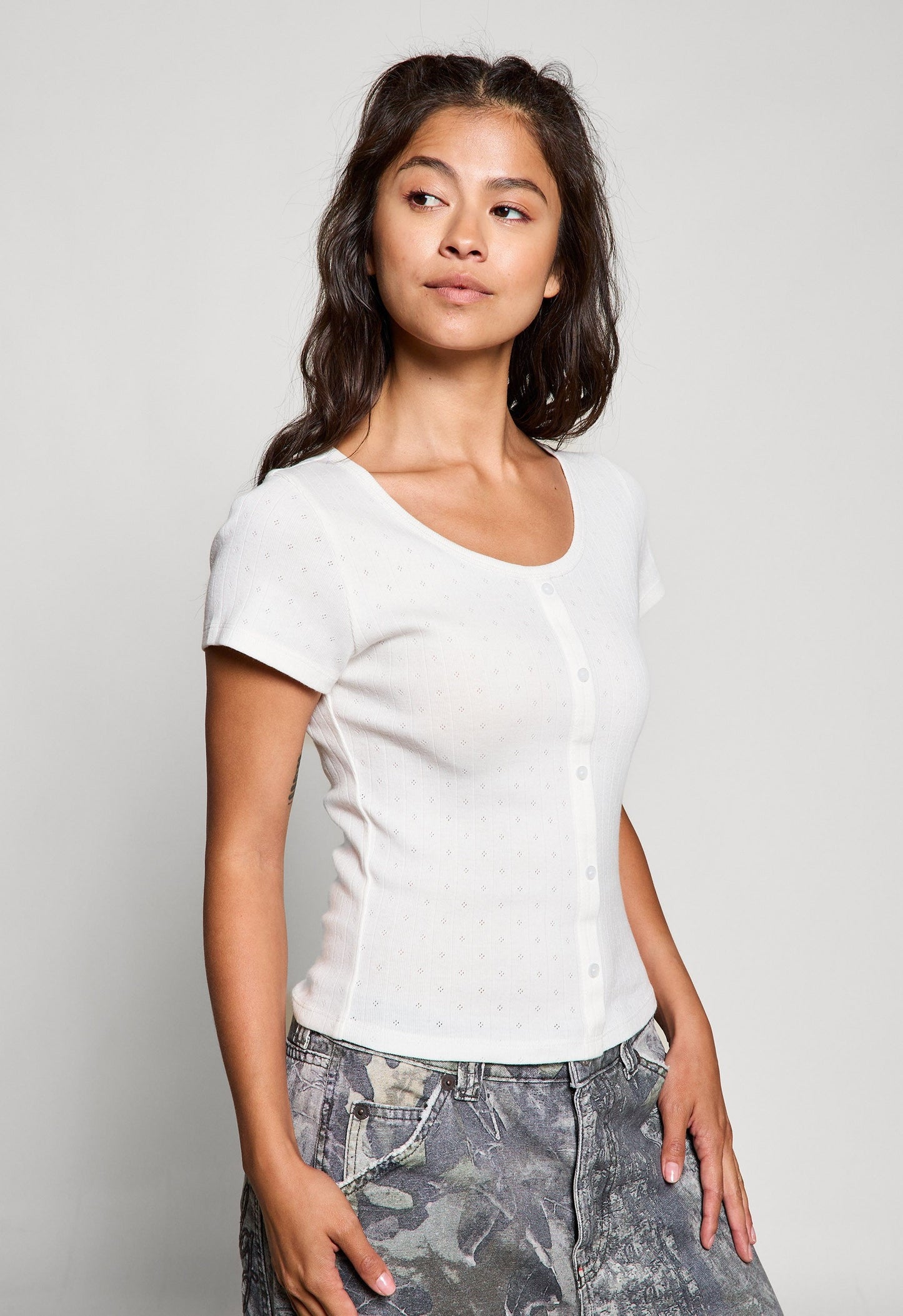  Georgia Faux Button Pointelle Top, Off White