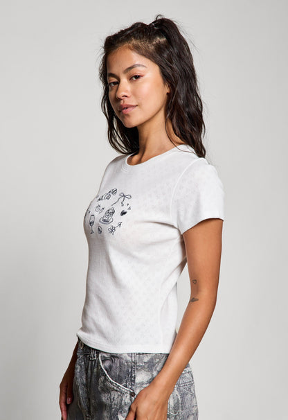  Girl Brunch Heart Pointelle Baby Tee, Off White
