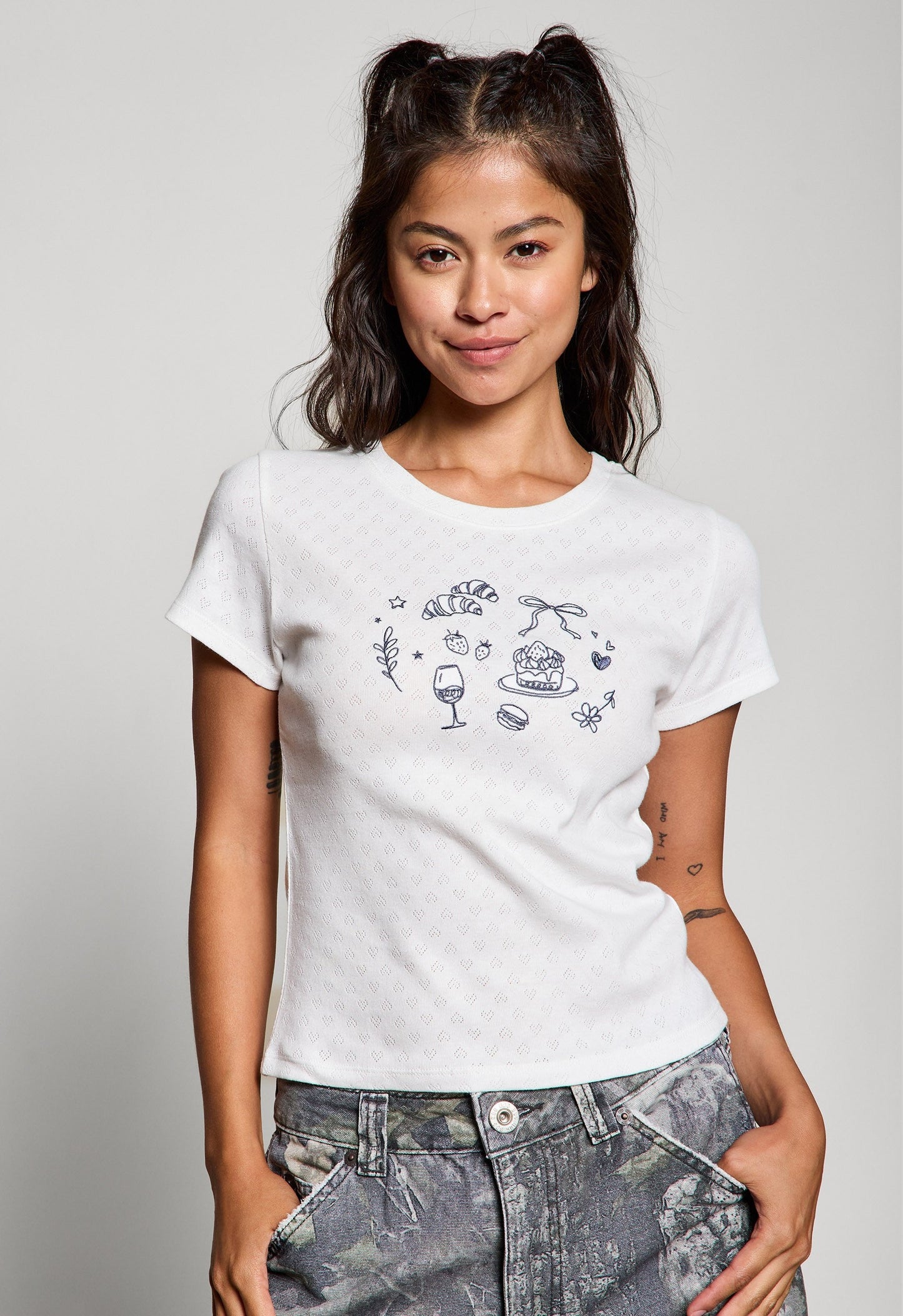  Girl Brunch Heart Pointelle Baby Tee, Off White