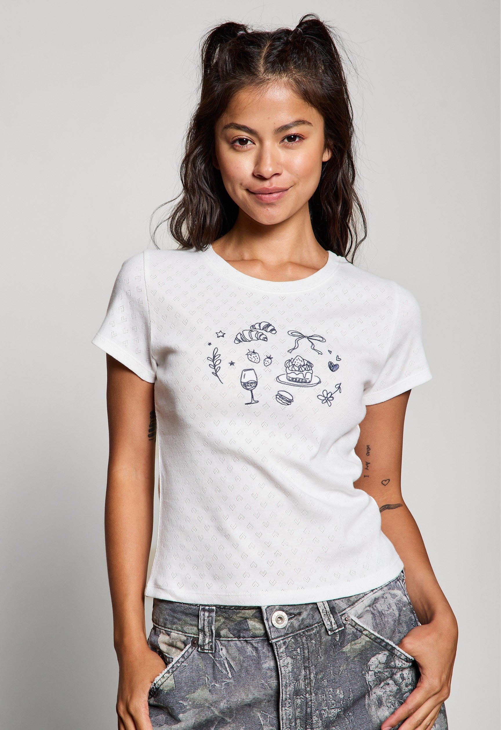  Girl Brunch Heart Pointelle Baby Tee, Off White