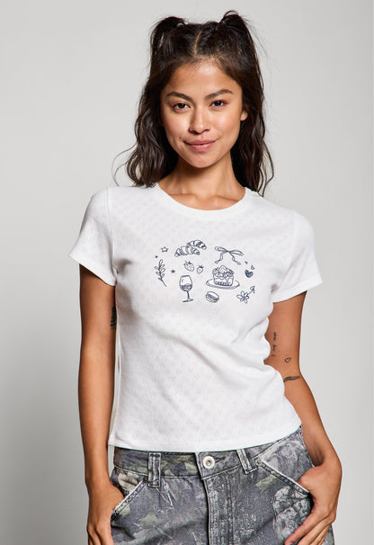 Girl Brunch Heart Pointelle Baby Tee, Off White