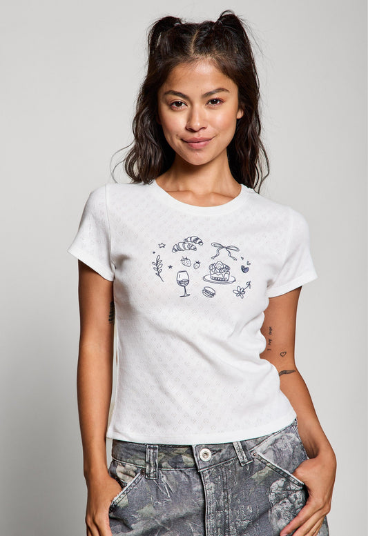  Girl Brunch Heart Pointelle Baby Tee, Off White
