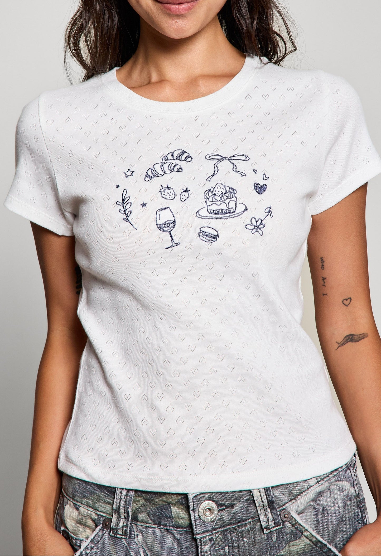  Girl Brunch Heart Pointelle Baby Tee, Off White