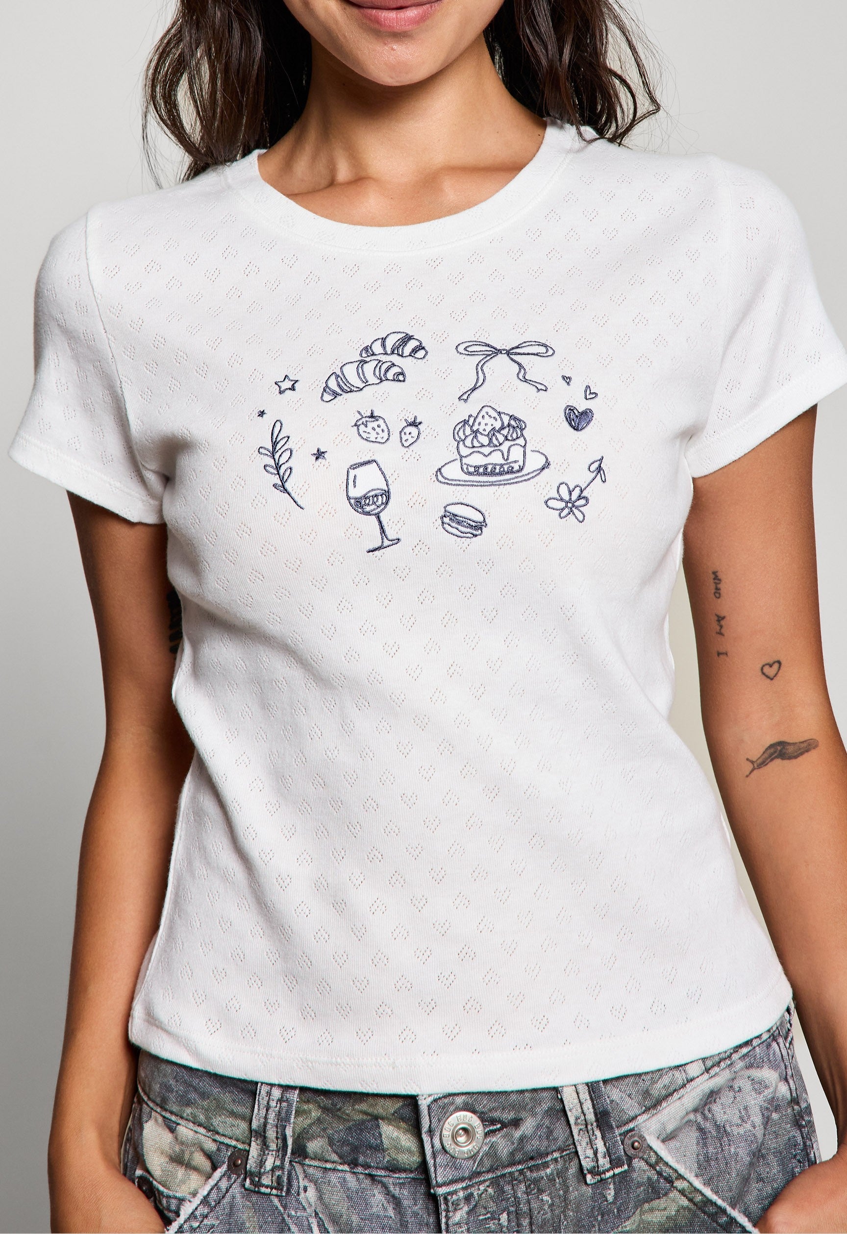  Girl Brunch Heart Pointelle Baby Tee, Off White