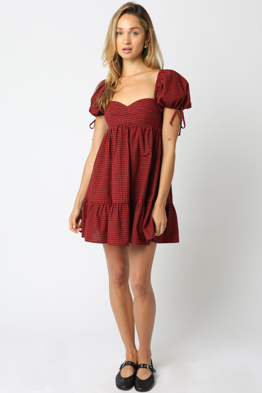  Francine Sweetheart Neck Checkered Dress, Black Red