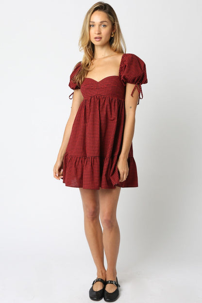  Francine Sweetheart Neck Checkered Dress, Black Red