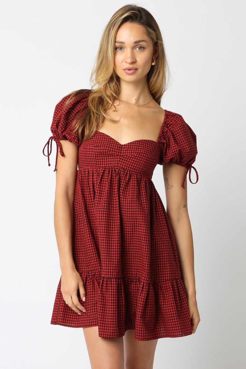  Francine Sweetheart Neck Checkered Dress, Black Red