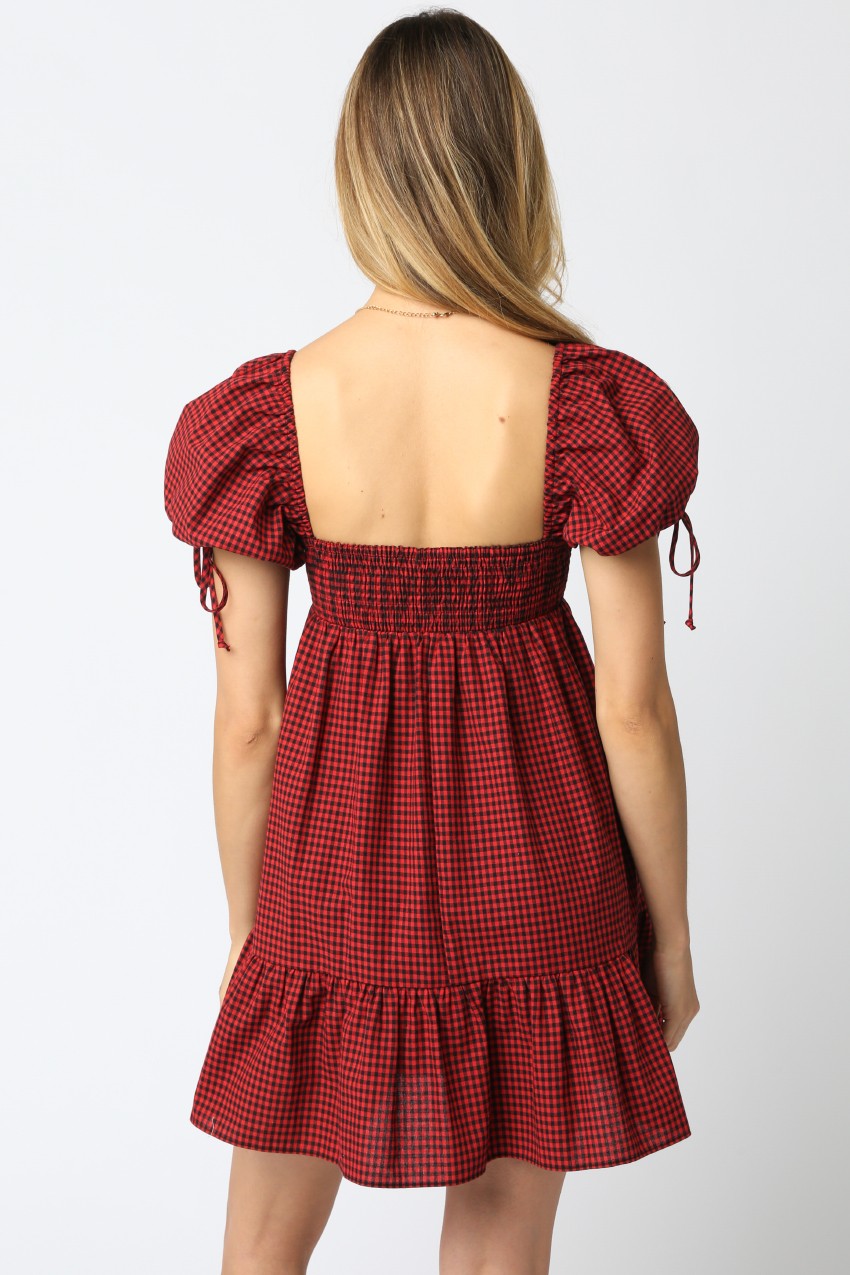  Francine Sweetheart Neck Checkered Dress, Black Red