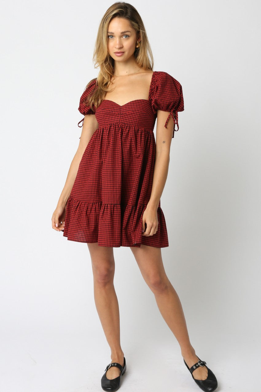  Francine Sweetheart Neck Checkered Dress, Black Red