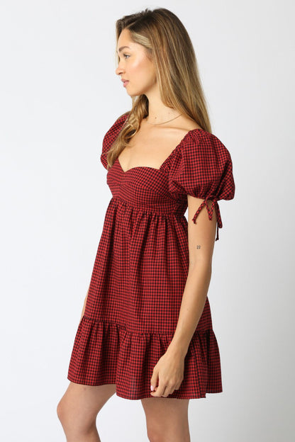  Francine Sweetheart Neck Checkered Dress, Black Red
