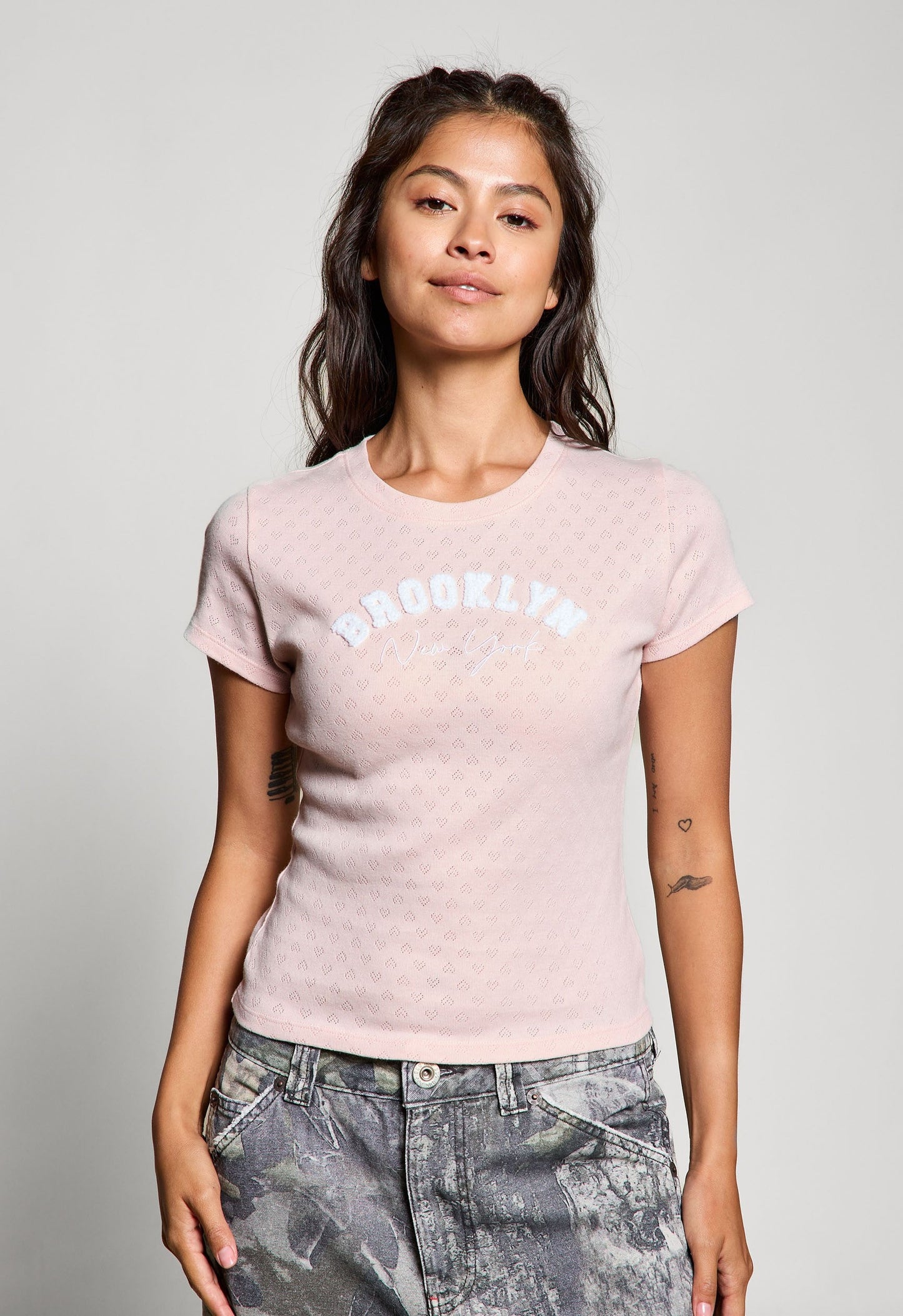  Brooklyn NY Heart Pointelle Baby Tee, Peach Blush