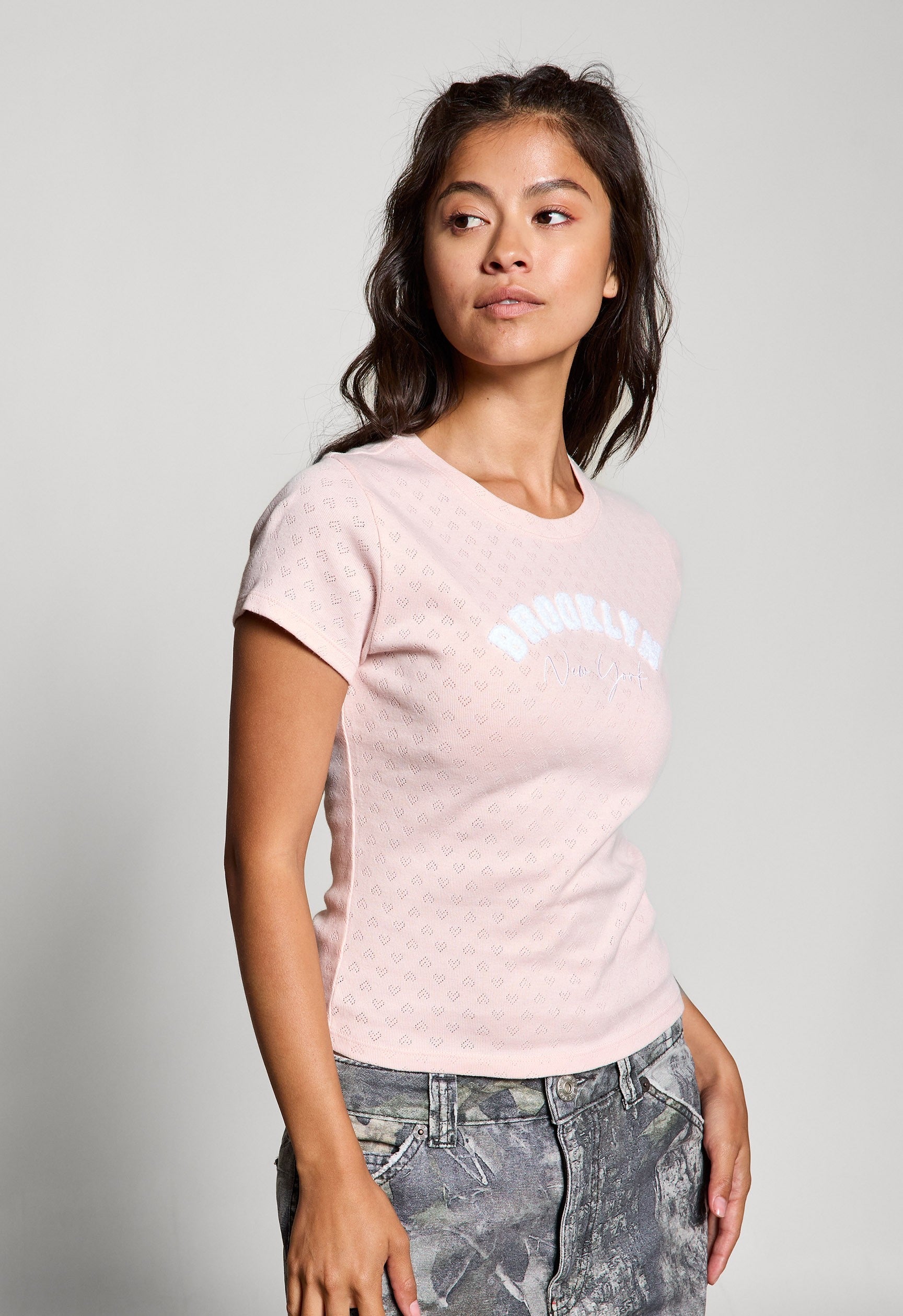  Brooklyn NY Heart Pointelle Baby Tee, Peach Blush
