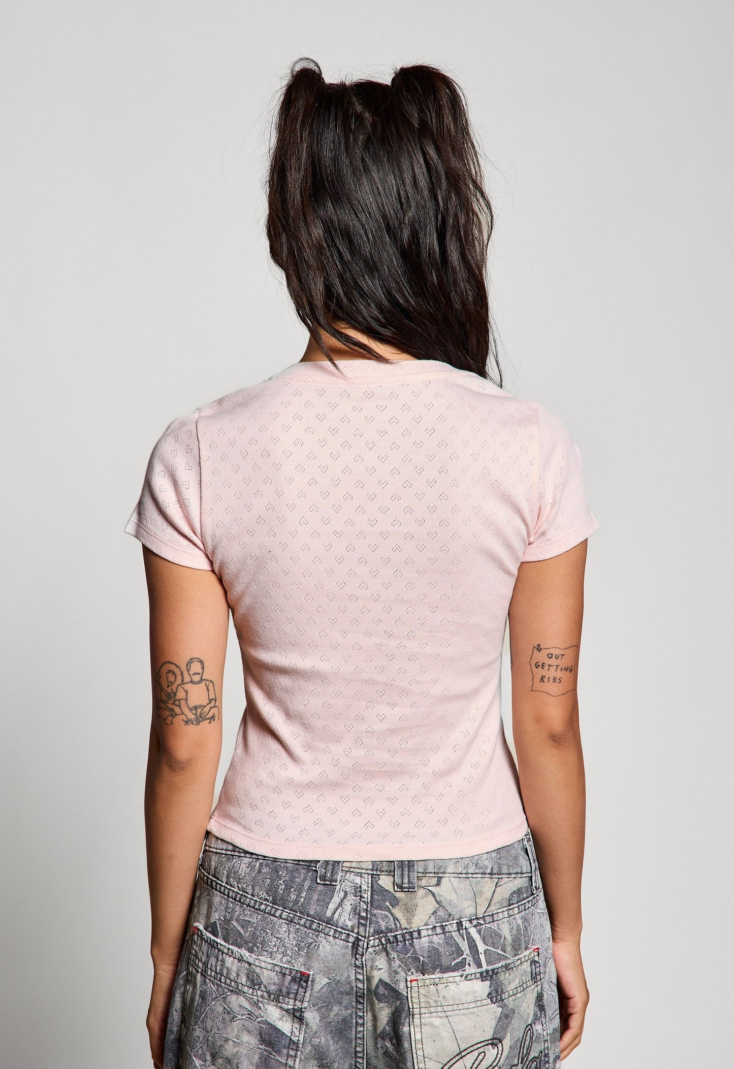  Brooklyn NY Heart Pointelle Baby Tee, Peach Blush