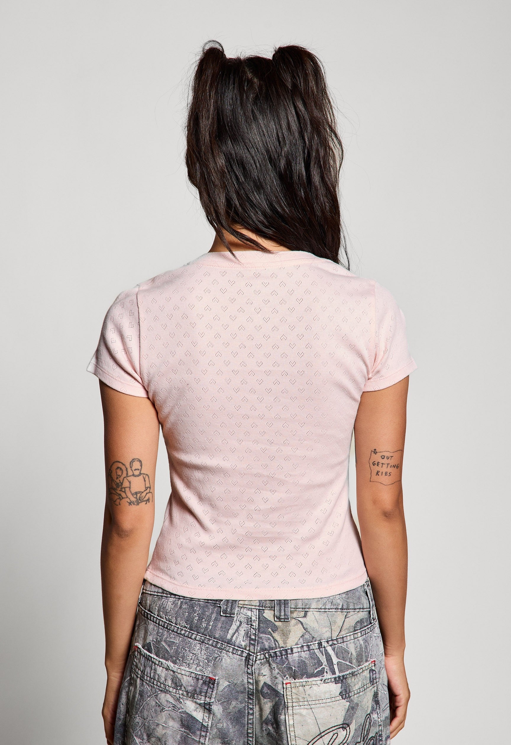  Brooklyn NY Heart Pointelle Baby Tee, Peach Blush
