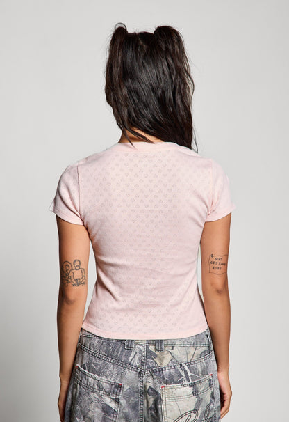  Brooklyn NY Heart Pointelle Baby Tee, Peach Blush