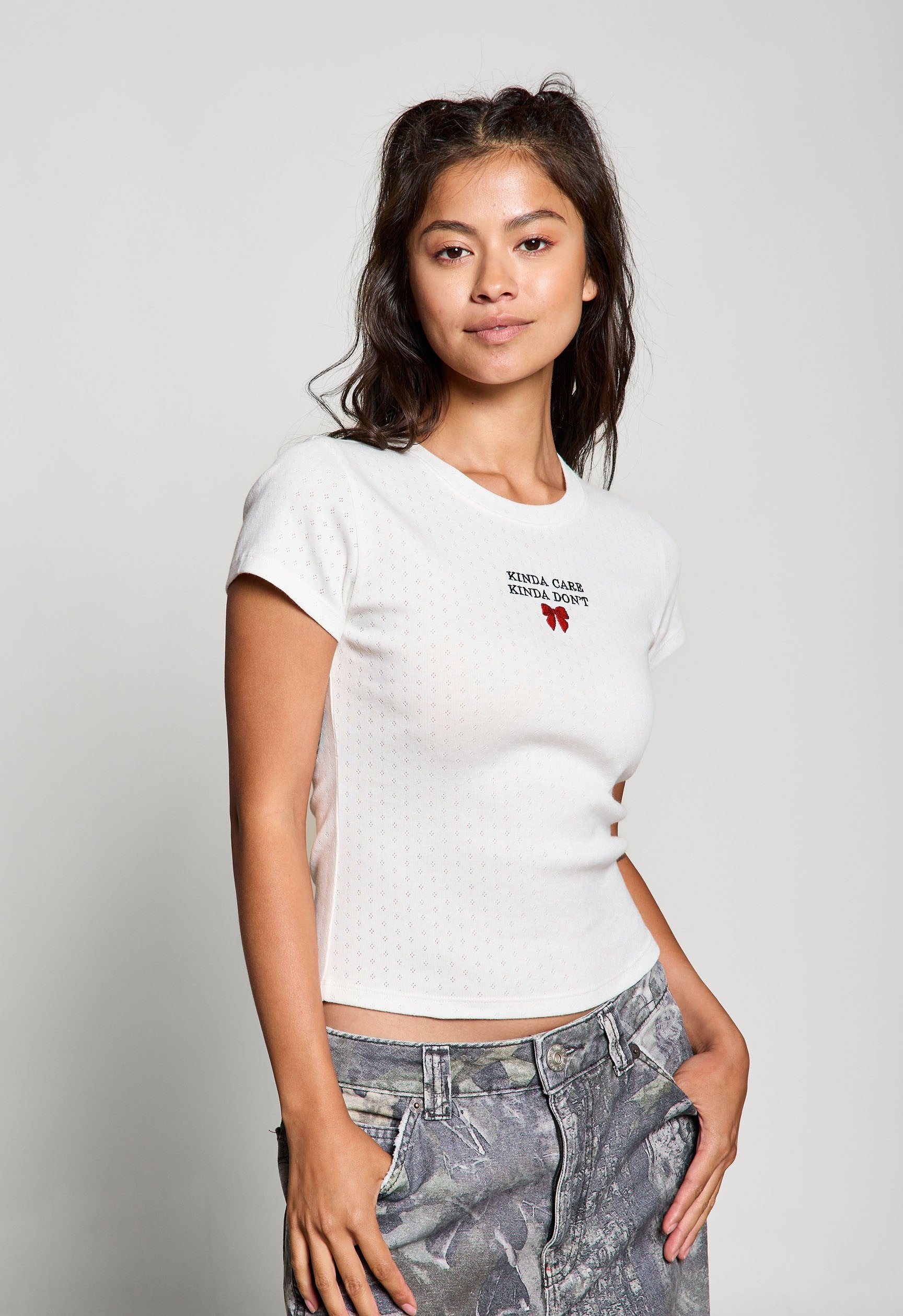  Kinda Care Kinda Don't Pointelle Baby Tee, Off White