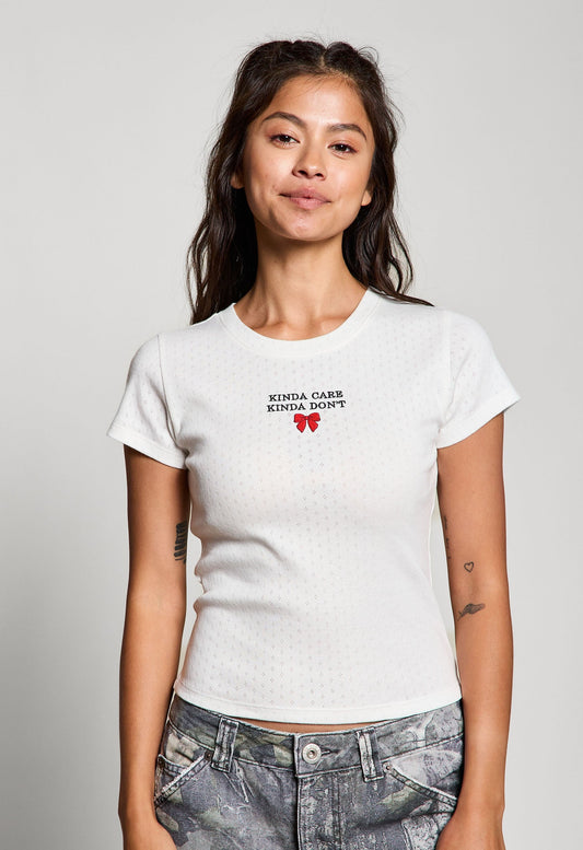  Kinda Care Kinda Don't Pointelle Baby Tee, Off White