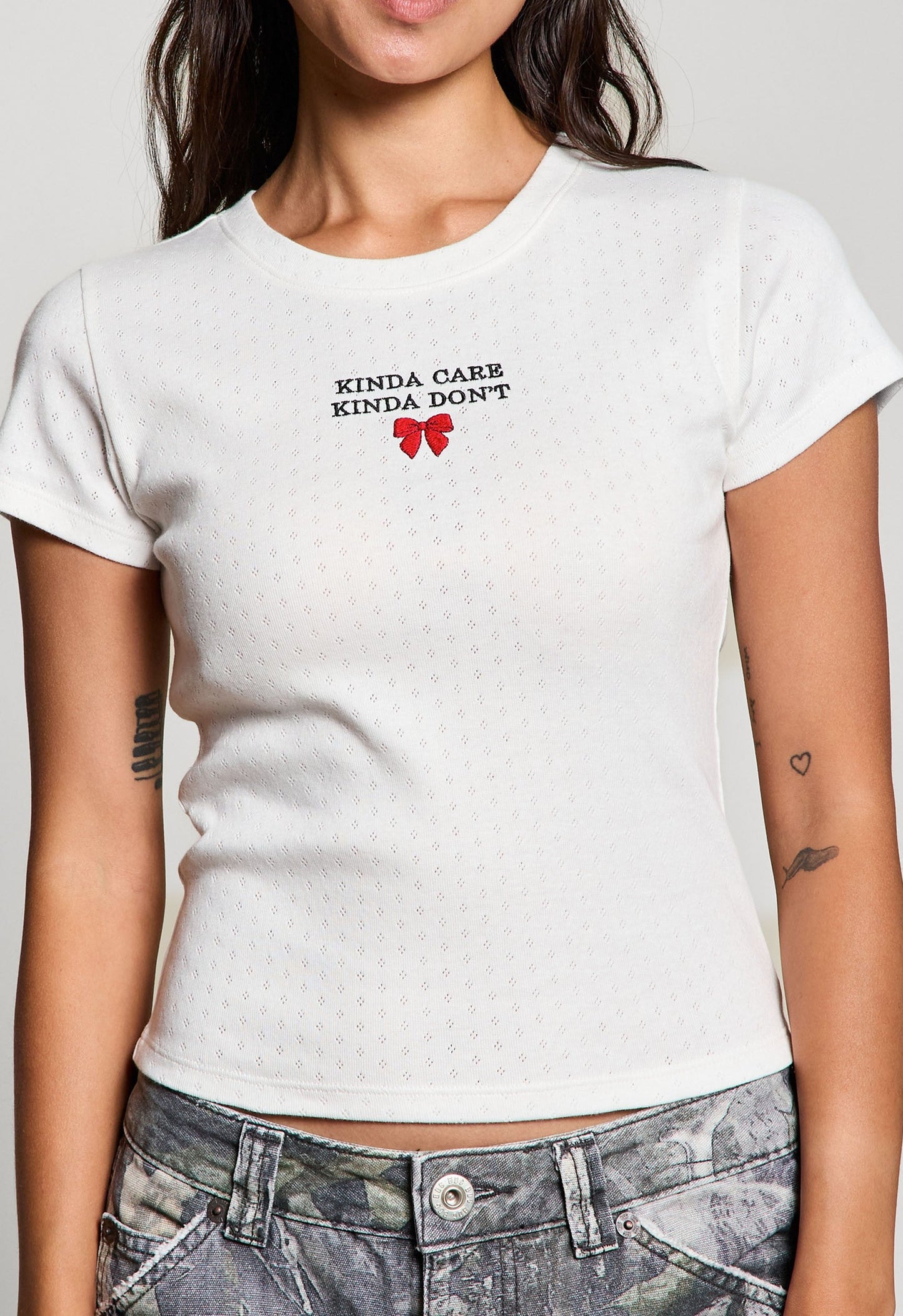  Kinda Care Kinda Don't Pointelle Baby Tee, Off White