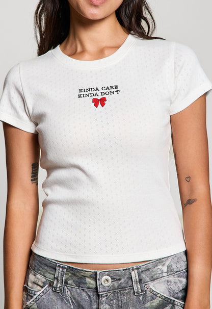  Kinda Care Kinda Don't Pointelle Baby Tee, Off White