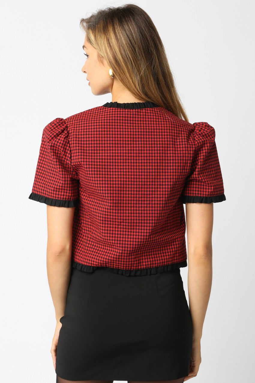  Augustine Contrast Trim Checkered Top, Red Black