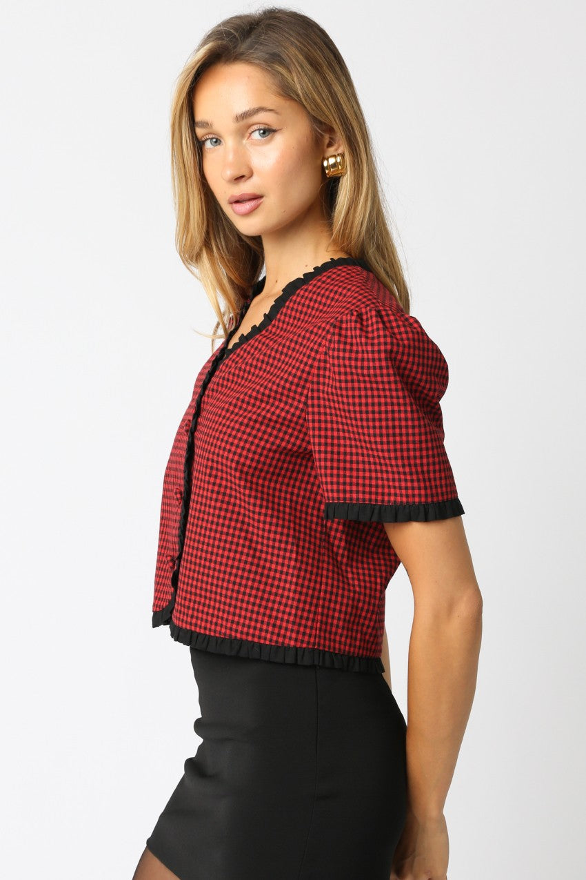  Augustine Contrast Trim Checkered Top, Red Black