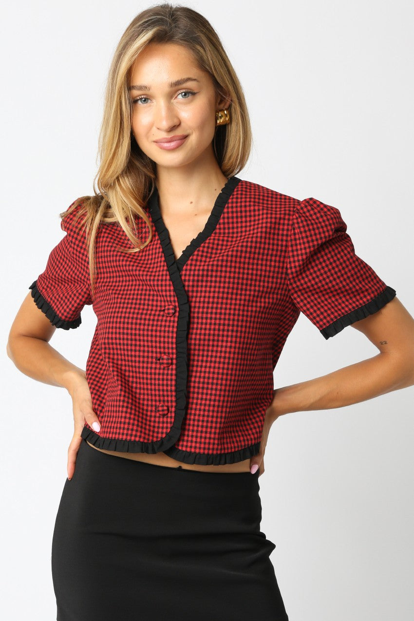 Augustine Contrast Trim Checkered Top, Red Black
