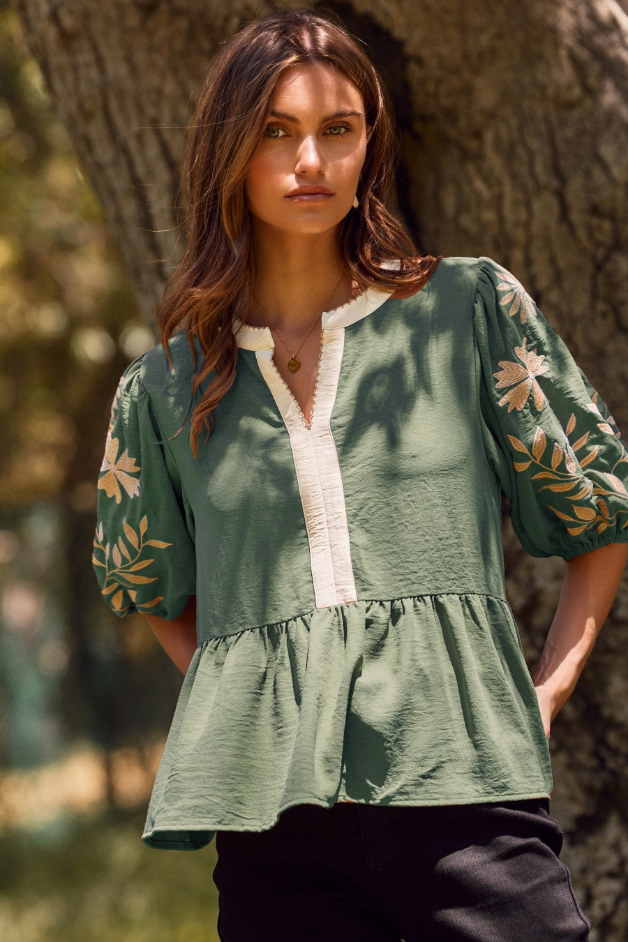  Bella Embroidered Peplum Blouse, Basil Green