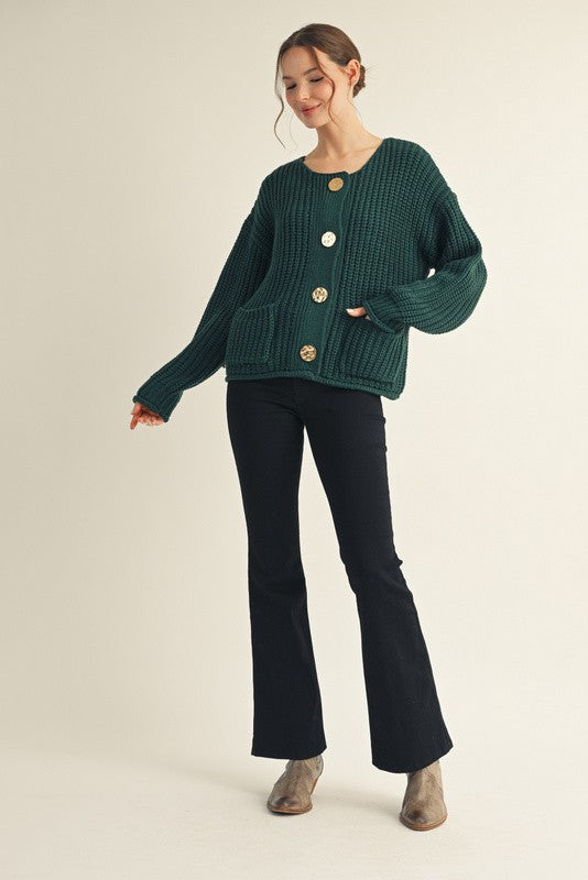  Christina Chunky Knit Cardigan, Hunter Green