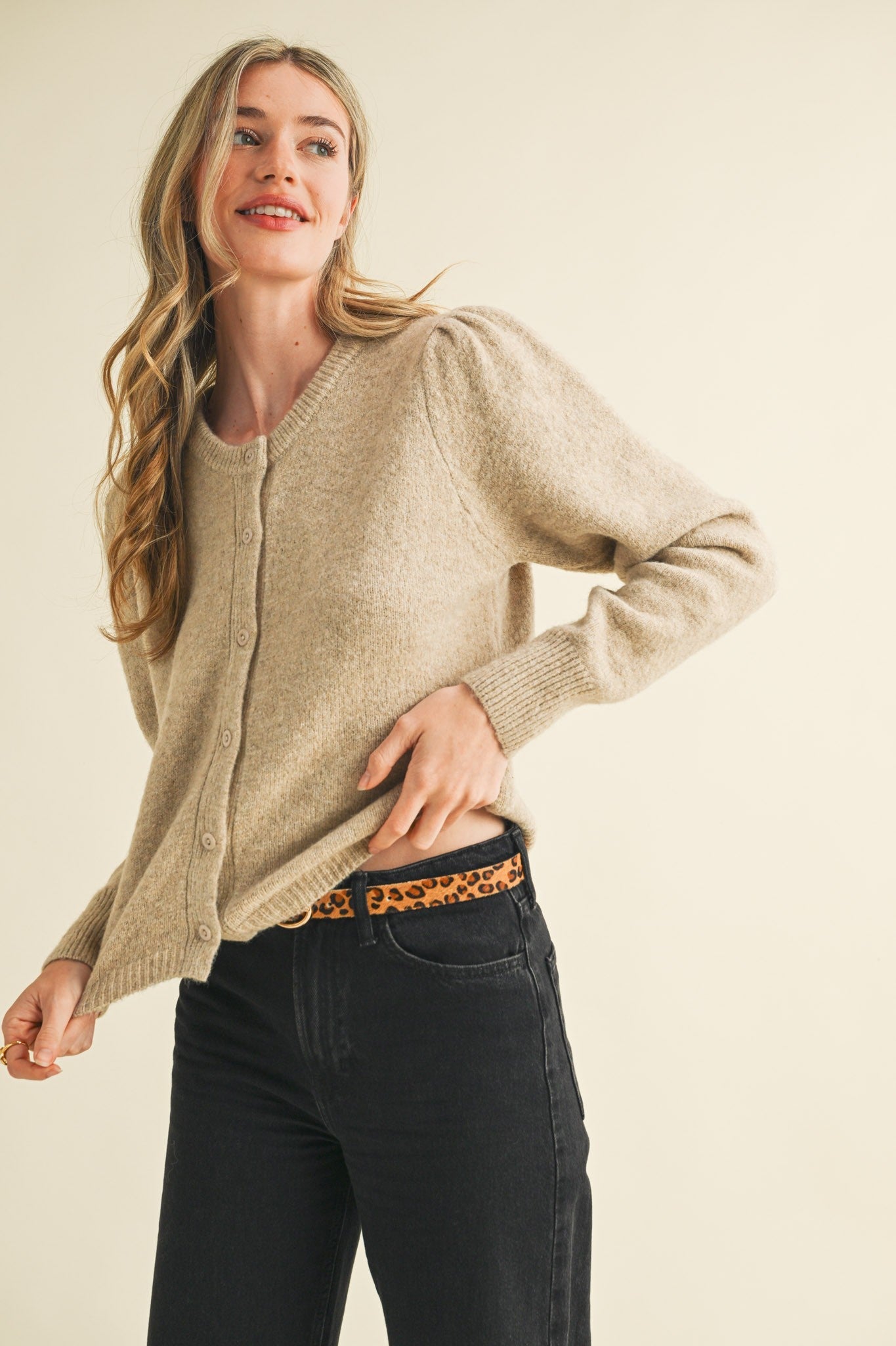  Parker Puff Sleeve Cardigan, Taupe