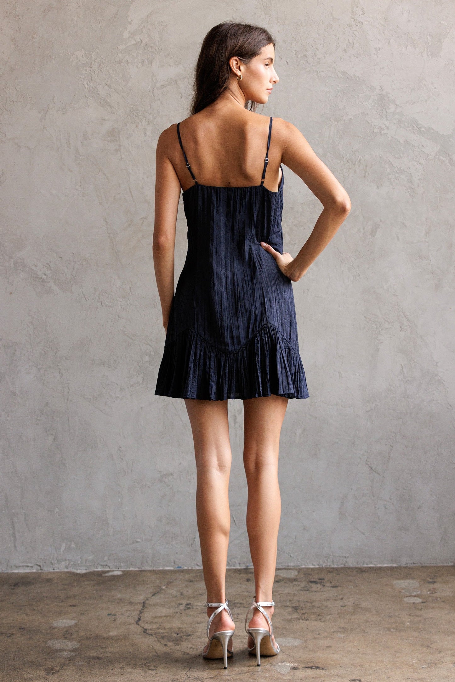  Billie Crinkled Fabric Mini Dress, Navy Blue
