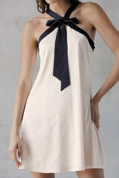  Tabitha Two Tone Halter Neck Dress, Champagne/Black