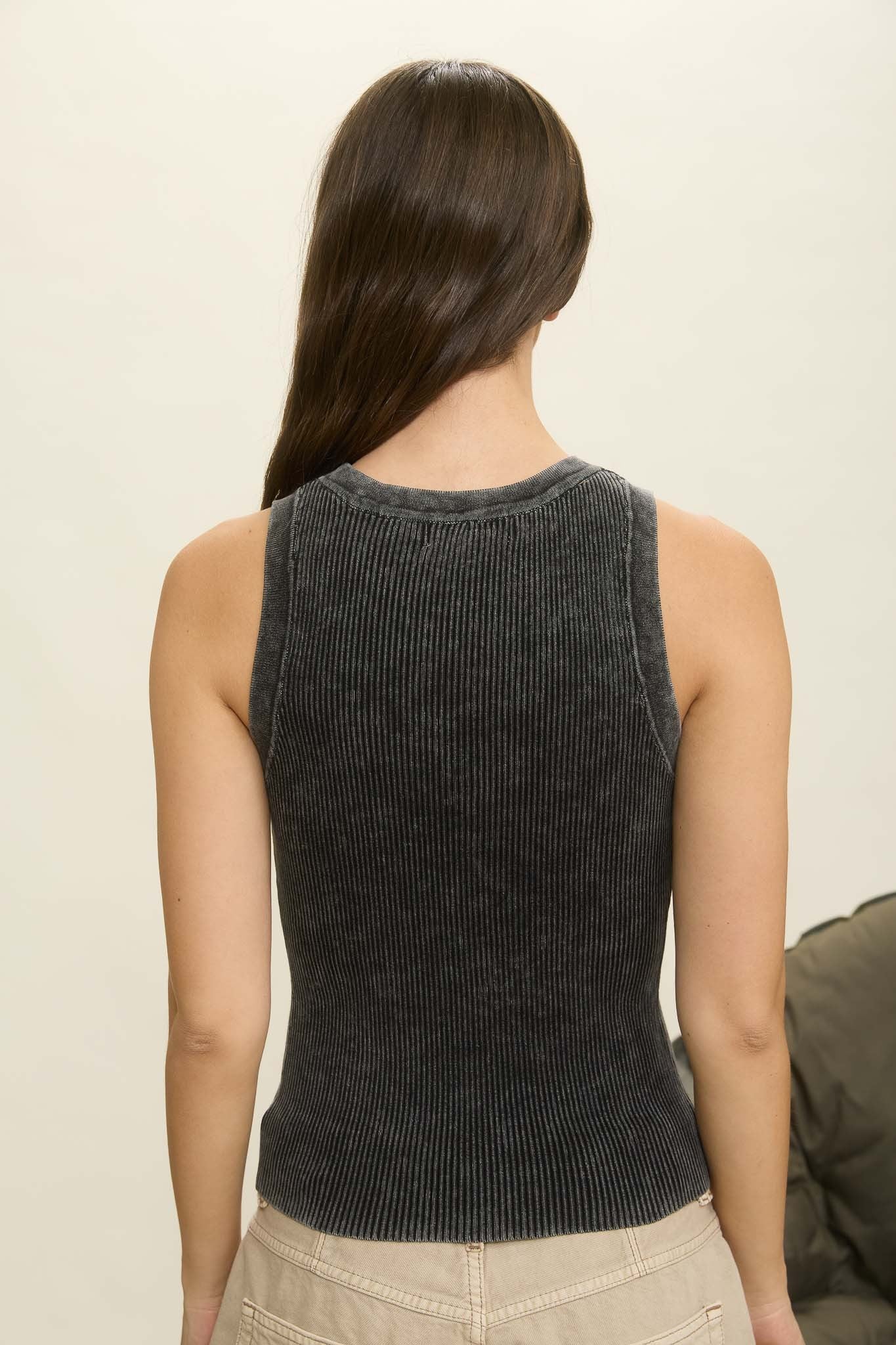  Elowen Washed Ribbed Tank Top, Charcoal