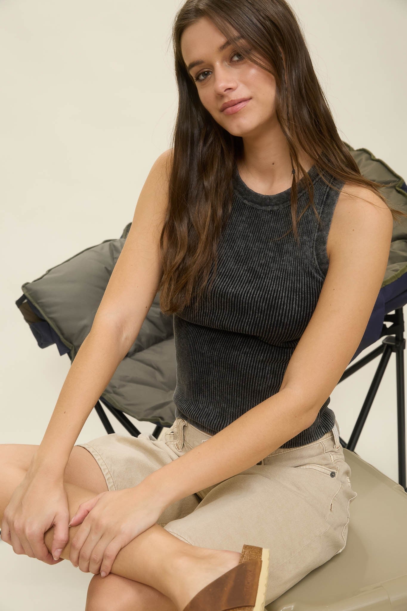  Elowen Washed Ribbed Tank Top, Charcoal