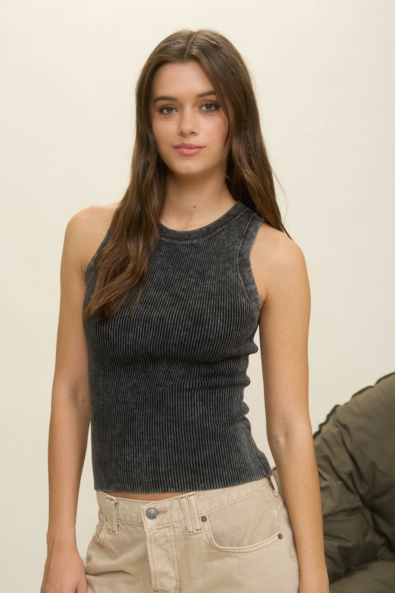  Elowen Washed Ribbed Tank Top, Charcoal