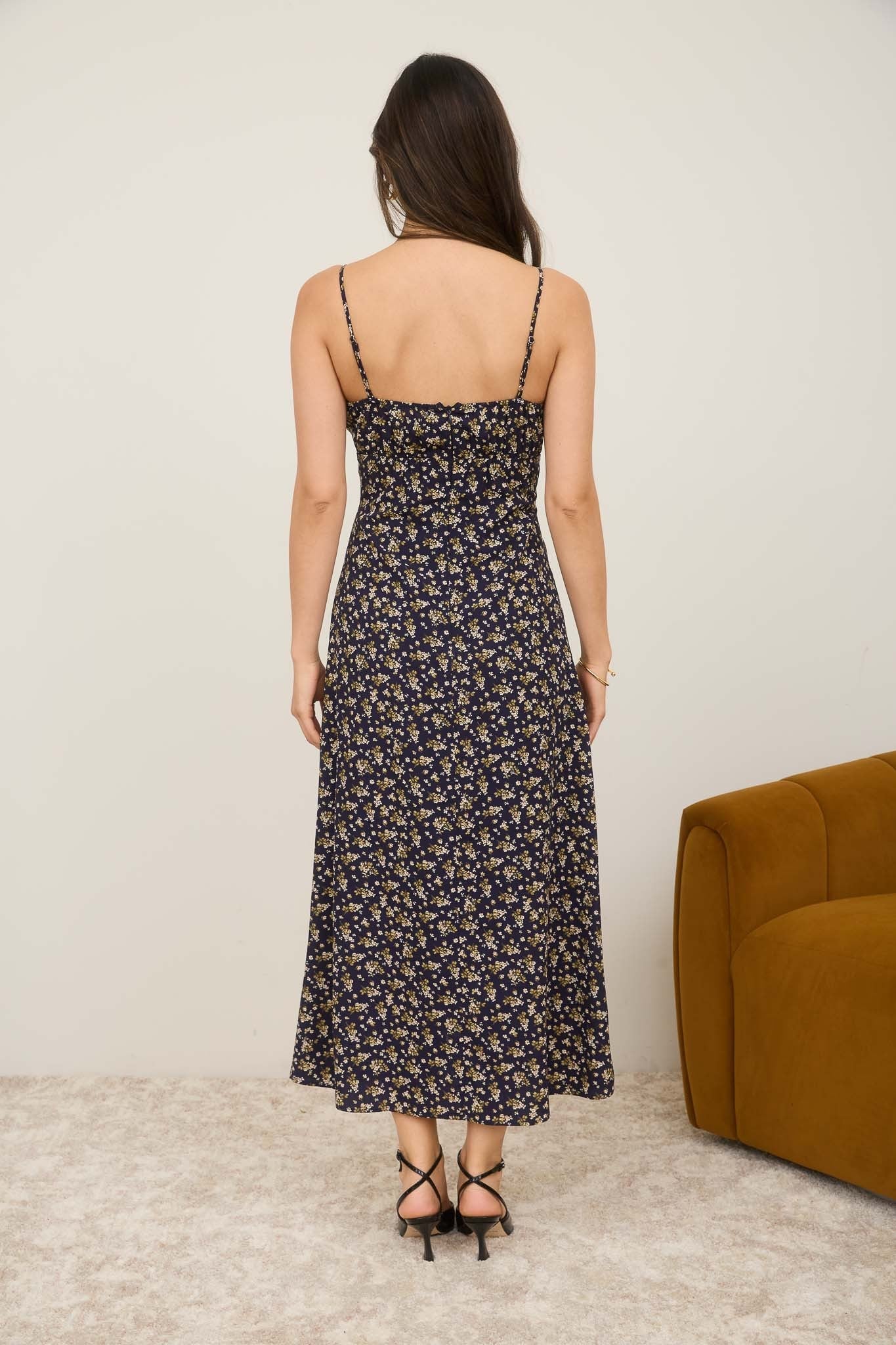  Angela Floral Lace Trim Midi Dress, Navy Multi