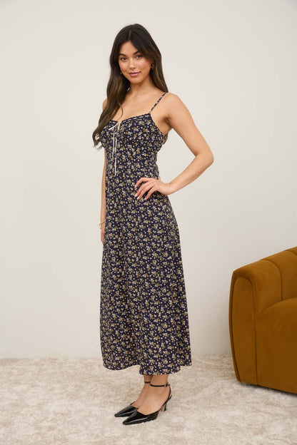  Angela Floral Lace Trim Midi Dress, Navy Multi