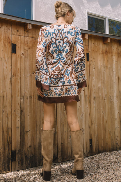  Debi Border Print Mini Dress, Ivory-Brown-Blue