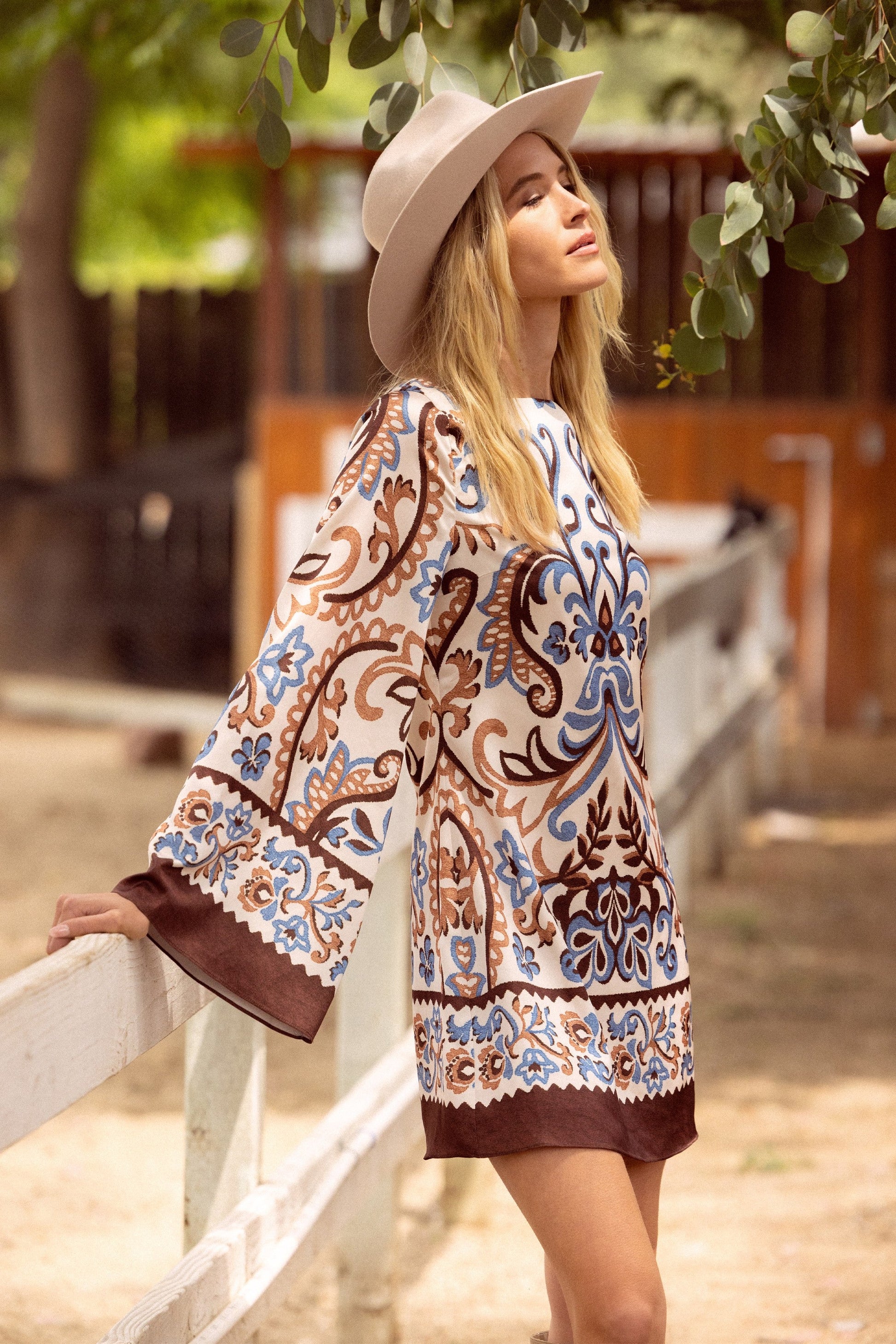  Debi Border Print Mini Dress, Ivory-Brown-Blue